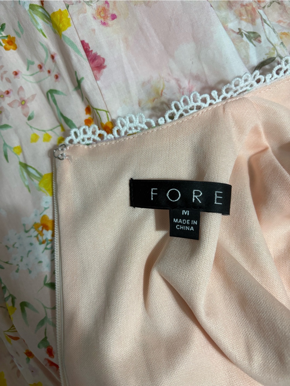 NWOT FORE Collection Floral Print Cotton Crochet Bubble Hem Sleeve Mini Dress - Picture 12 of 13